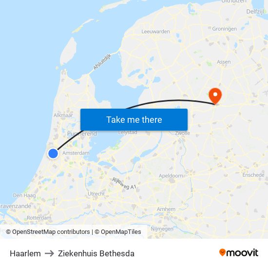 Haarlem to Ziekenhuis Bethesda map