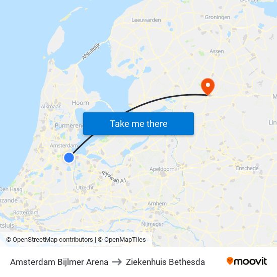 Amsterdam Bijlmer Arena to Ziekenhuis Bethesda map