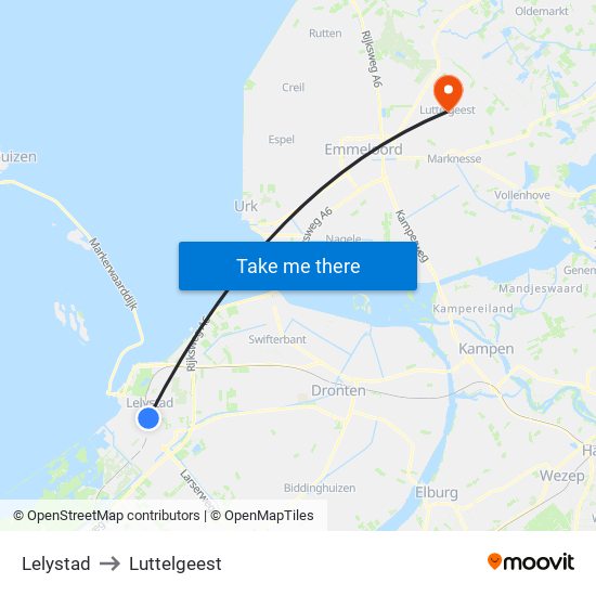 Lelystad to Luttelgeest map