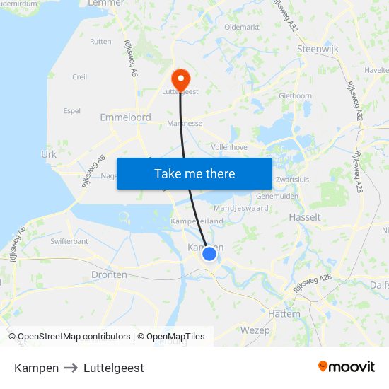 Kampen to Luttelgeest map