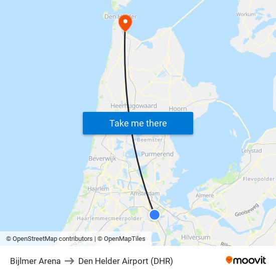 Bijlmer Arena to Den Helder Airport (DHR) map