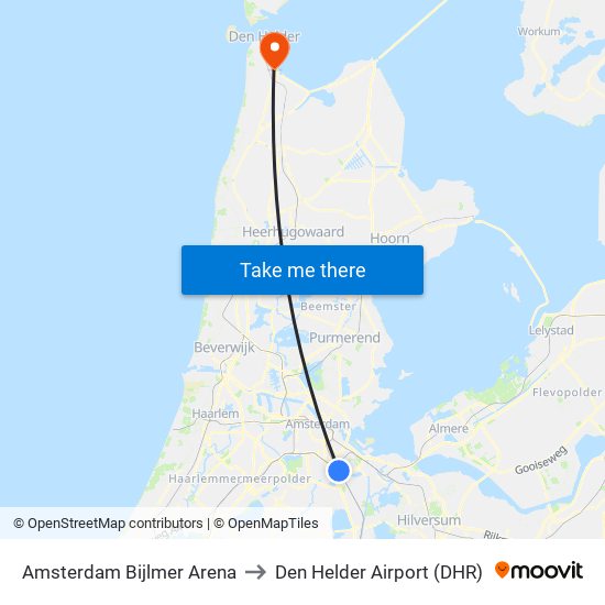 Amsterdam Bijlmer Arena to Den Helder Airport (DHR) map