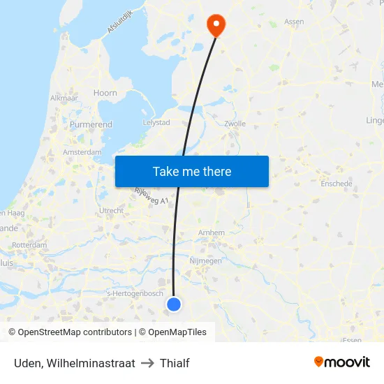 Uden, Wilhelminastraat to Thialf map