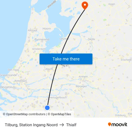 Tilburg, Station Ingang Noord to Thialf map