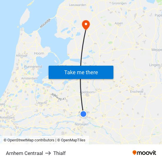 Arnhem Centraal to Thialf map