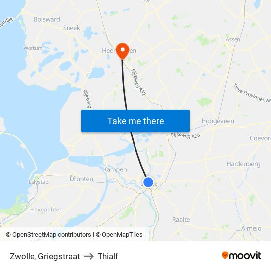 Zwolle, Griegstraat to Thialf map