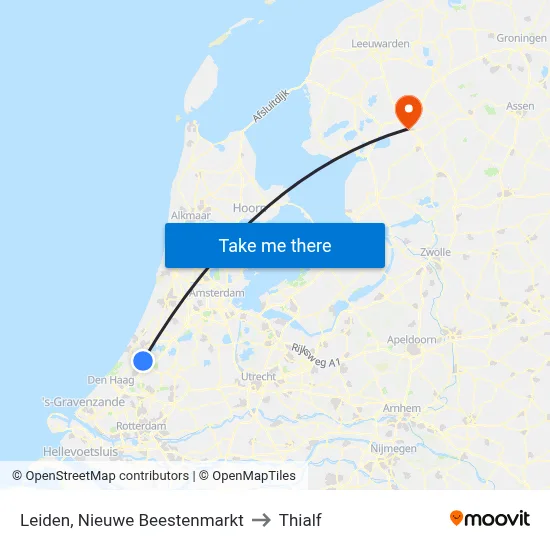 Leiden, Nieuwe Beestenmarkt to Thialf map