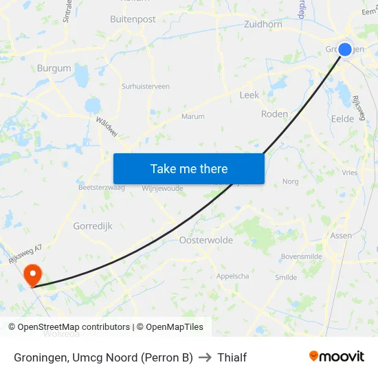 Groningen, Umcg Noord (Perron B) to Thialf map