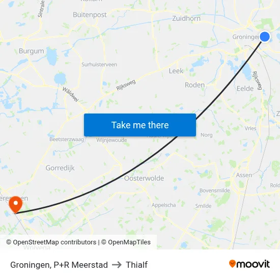Groningen, P+R Meerstad to Thialf map