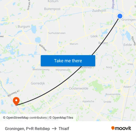 Groningen, P+R Reitdiep to Thialf map