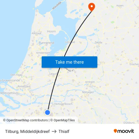 Tilburg, Middeldijkdreef to Thialf map