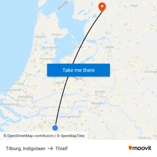 Tilburg, Indigolaan to Thialf map