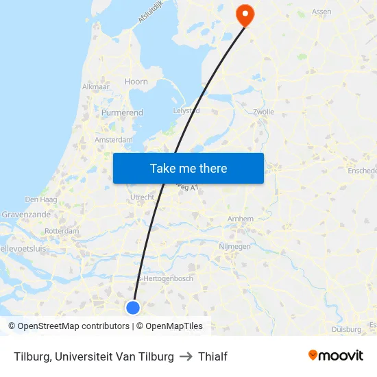 Tilburg, Universiteit Van Tilburg to Thialf map