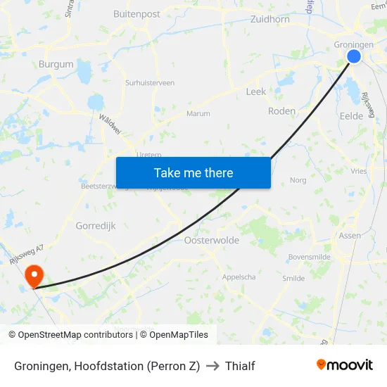 Groningen, Hoofdstation (Perron Z) to Thialf map