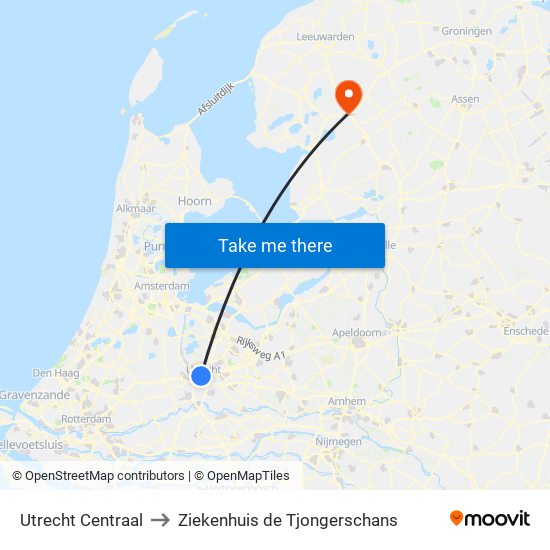 Utrecht Centraal to Ziekenhuis de Tjongerschans map