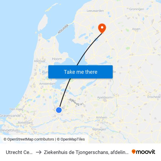 Utrecht Centraal to Ziekenhuis de Tjongerschans, afdeling Cardiologie map