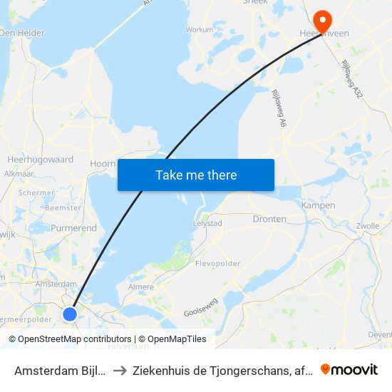 Amsterdam Bijlmer Arena to Ziekenhuis de Tjongerschans, afdeling Cardiologie map