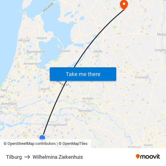 Tilburg to Wilhelmina Ziekenhuis map