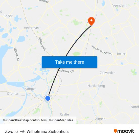 Zwolle to Wilhelmina Ziekenhuis map