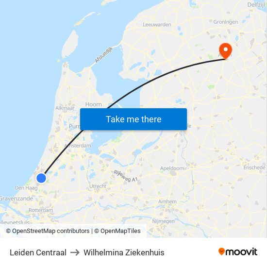 Leiden Centraal to Wilhelmina Ziekenhuis map