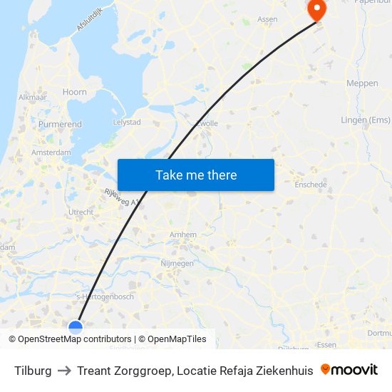 Tilburg to Treant Zorggroep, Locatie Refaja Ziekenhuis map