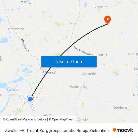 Zwolle to Treant Zorggroep, Locatie Refaja Ziekenhuis map