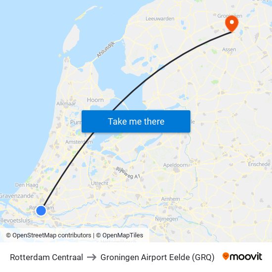 Rotterdam Centraal to Groningen Airport Eelde (GRQ) map