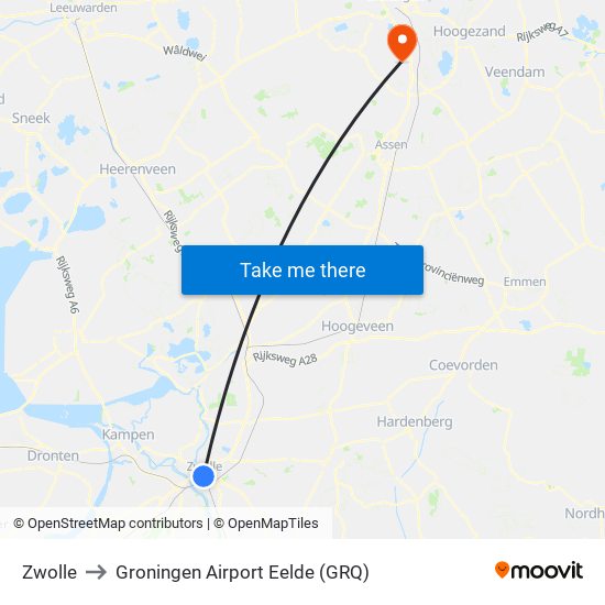 Zwolle to Groningen Airport Eelde (GRQ) map