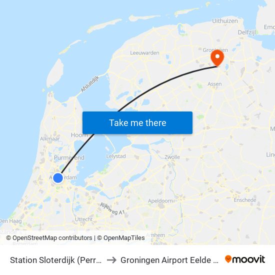 Station Sloterdijk (Perron N) to Groningen Airport Eelde (GRQ) map