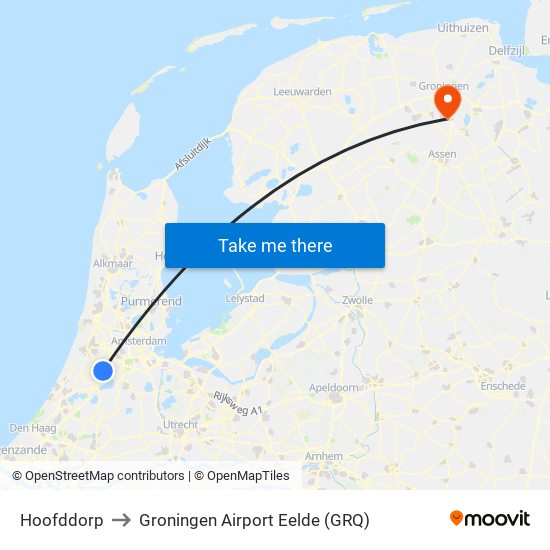 Hoofddorp to Groningen Airport Eelde (GRQ) map