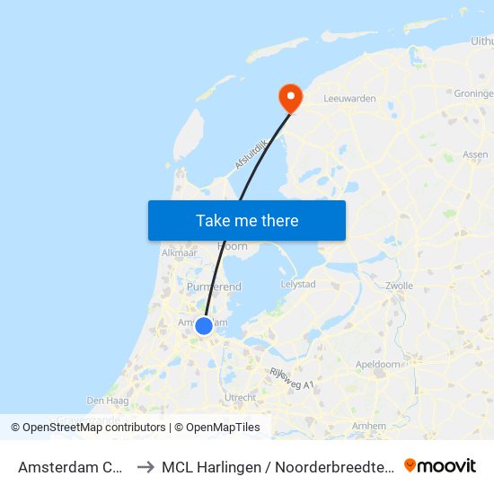 Amsterdam Centraal to MCL Harlingen / Noorderbreedte De Batting map