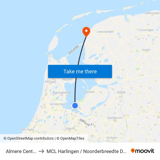 Almere Centrum to MCL Harlingen / Noorderbreedte De Batting map