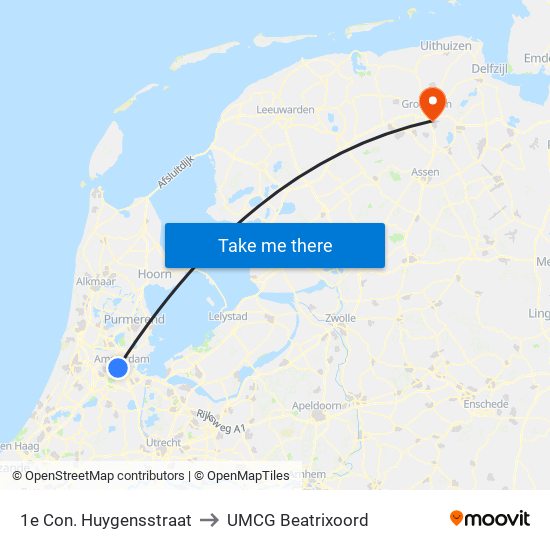 1e Con. Huygensstraat to UMCG Beatrixoord map