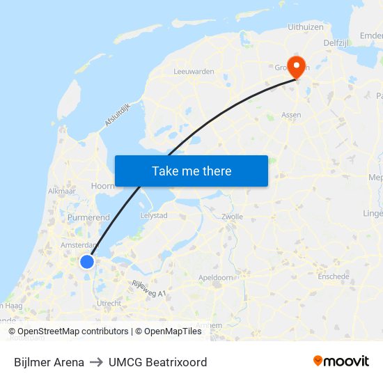 Bijlmer Arena to UMCG Beatrixoord map