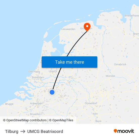 Tilburg to UMCG Beatrixoord map