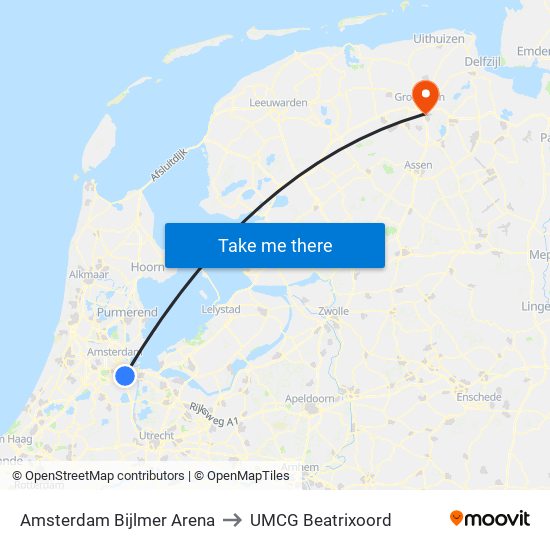 Amsterdam Bijlmer Arena to UMCG Beatrixoord map