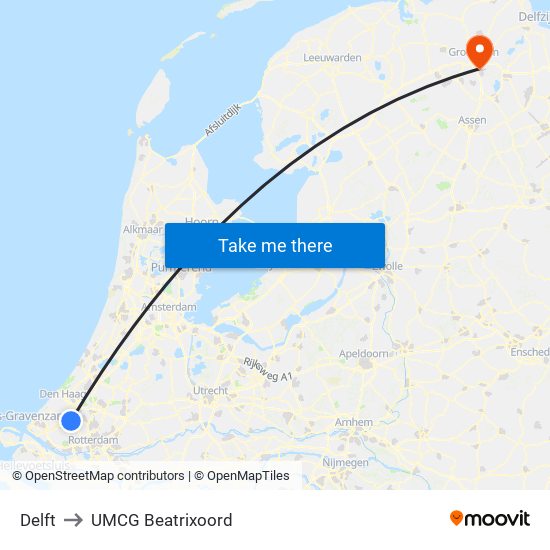 Delft to UMCG Beatrixoord map