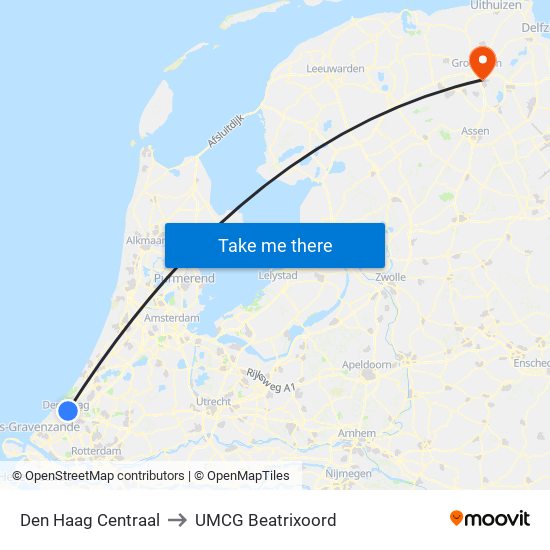 Den Haag Centraal to UMCG Beatrixoord map
