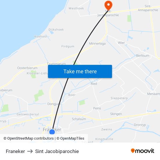 Franeker to Sint Jacobiparochie map