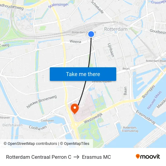 Rotterdam Centraal Perron C to Erasmus MC map