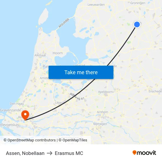Assen, Nobellaan to Erasmus MC map