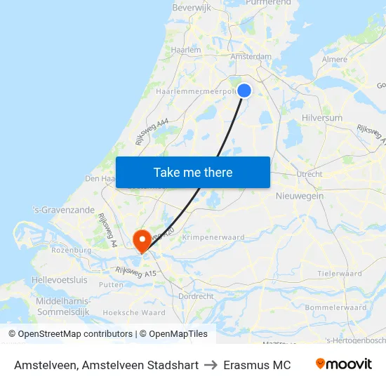 Amstelveen, Amstelveen Stadshart to Erasmus MC map