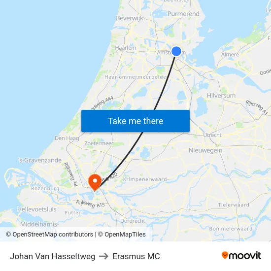 Johan Van Hasseltweg to Erasmus MC map