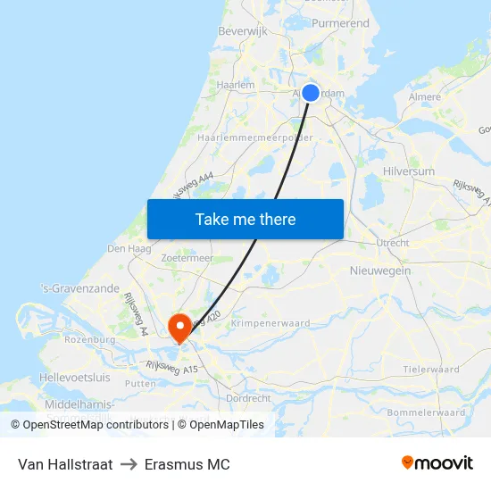 Van Hallstraat to Erasmus MC map