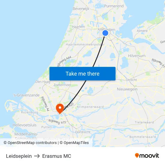 Leidseplein to Erasmus MC map