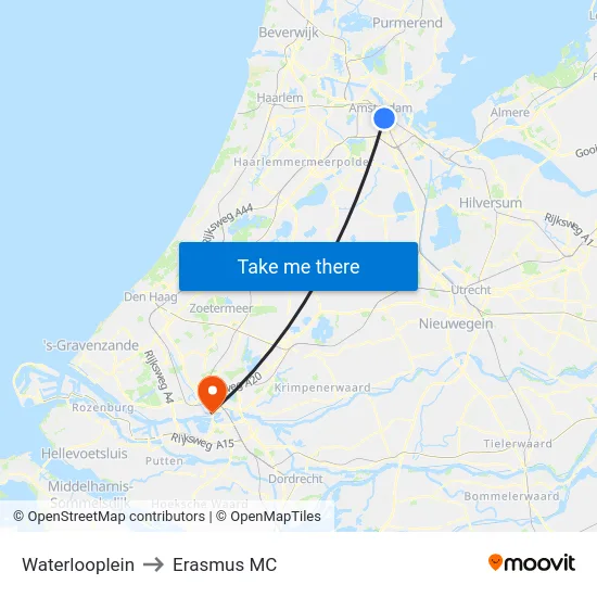 Waterlooplein to Erasmus MC map