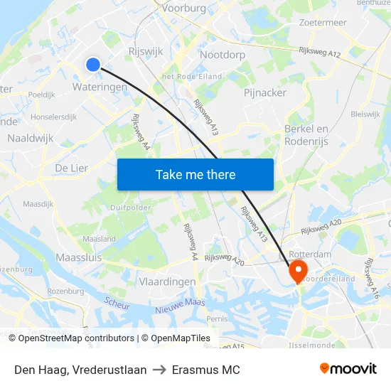 Den Haag, Vrederustlaan to Erasmus MC map
