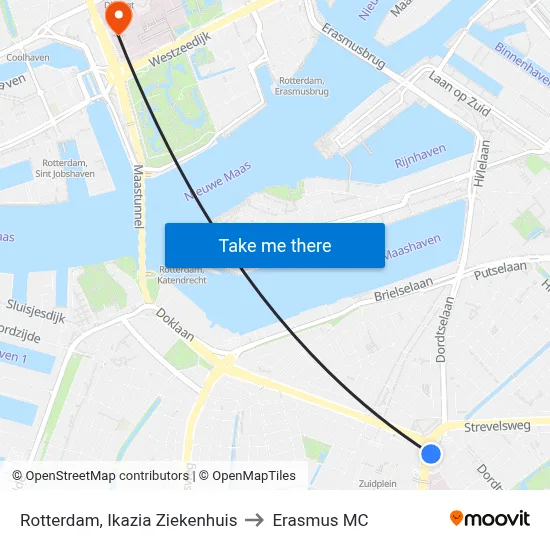 Rotterdam, Ikazia Ziekenhuis to Erasmus MC map