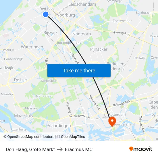 Den Haag, Grote Markt to Erasmus MC map