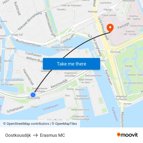 Oostkousdijk to Erasmus MC map